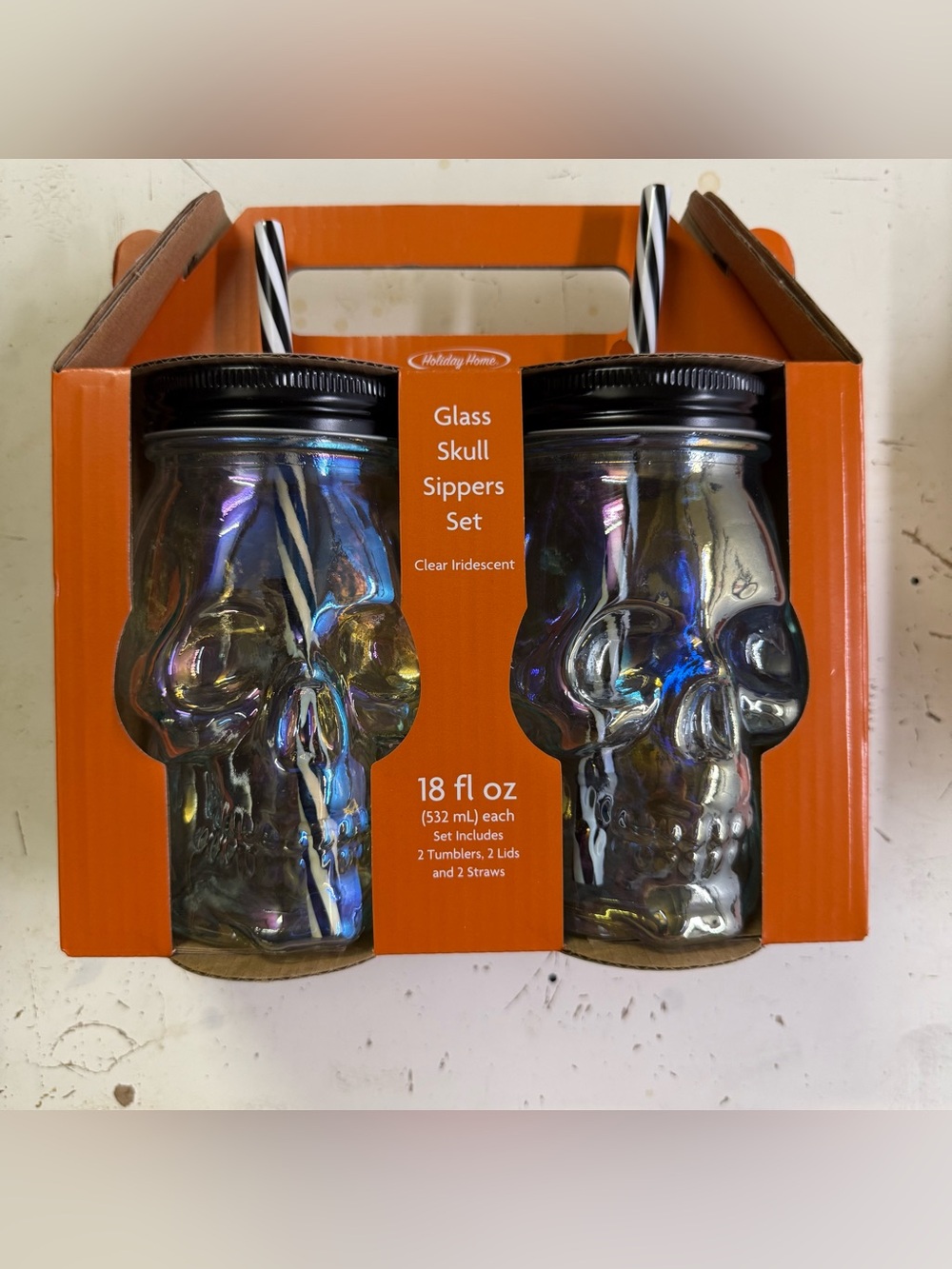 Holiday Home Halloween 18 Oz Glass Skull Sipper Set Of 2 Clear Iridescent New